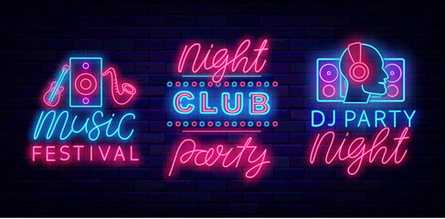 Night club party neon labels collection. Music festival event. Performance flyer. Vector stock illustration