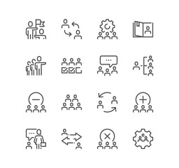 Set of team work related icons, team setup, structure, performance, friendship, participation and linear variety symbols.
