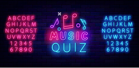 Music Quiz neon emblem. Colorful handwritten text. Luminous pink and blue alphabet. Vector stock illustration - obrazy, fototapety, plakaty