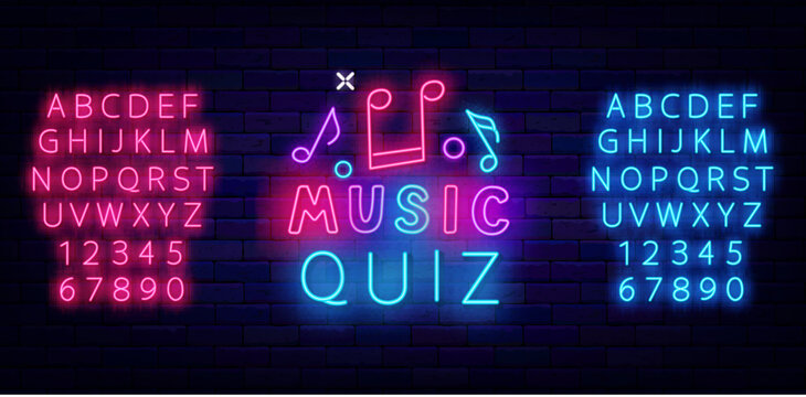 Music Quiz neon emblem. Colorful handwritten text. Luminous pink and blue alphabet. Vector stock illustration