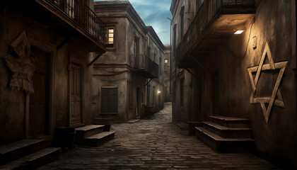 Artistic recreation of a medieval spanish sephardic jew street with a star David in a wall. Illustration AI