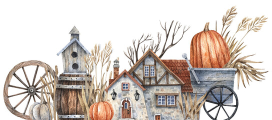 Rural street with old houses, dry herbs, garden decor. Watercolor illustration in vintage style.