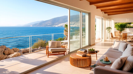 Fototapeta na wymiar Luxury villa with terrace and floor to ceiling panoramic window with amazing sea view. Interior design of modern living room. Created with generative AI