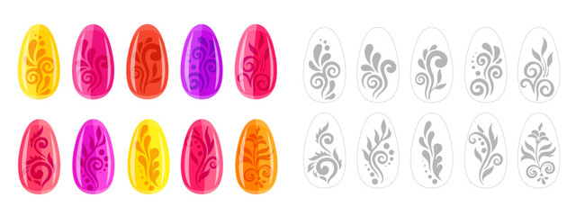 Set of nail art stickers. Manicure with ornament and decorative fashion design elements. Vector illustration.