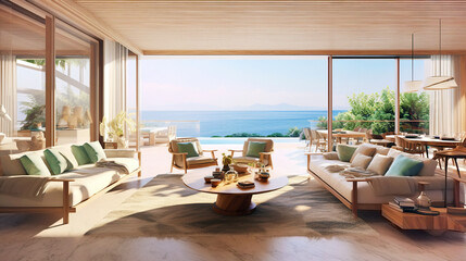 Fototapeta premium Luxury villa with terrace and floor to ceiling panoramic window with amazing sea view. Interior design of modern living room. Created with generative AI