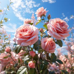 Pink pale roses bush over summer garden or park nature background. Roses garden, outdoor. Generative Ai.