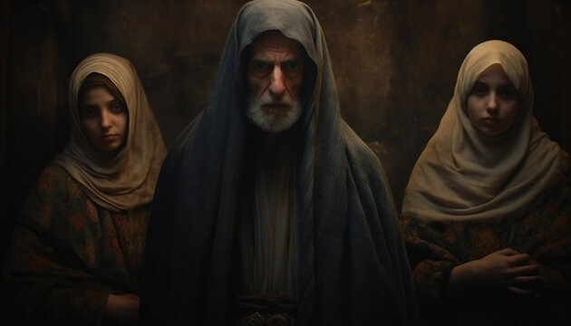 Tenebrist recreation of o father and daughters jewish sephardic. Illustration AI