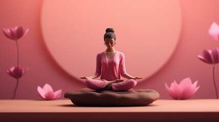 miniature beautiful woman meditating on pink background