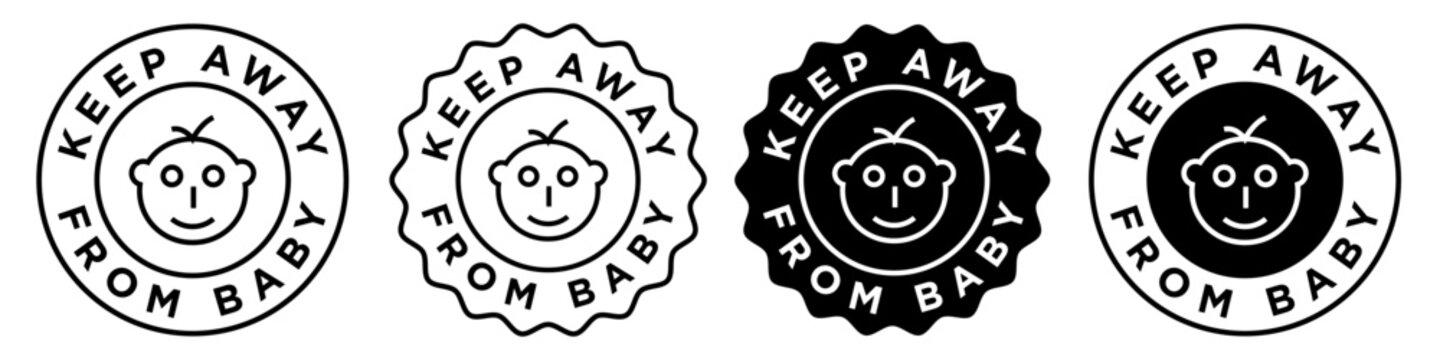 Keep Away From Baby Icon Set Collection. Vector Sign Emblem Of Child Safety Black And White Mark Outlined And Filled. Badge Seal Of Kid Protection Warning. Children Or Infant Risk Free Round Sticker