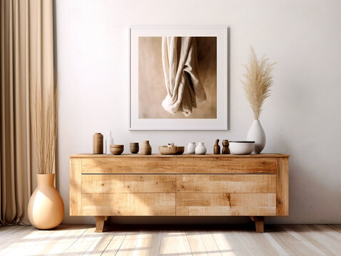 Mock up poster frame on white stucco wall above wooden dresser with home decor. Rustic interior design of modern living room. Created with generative AI