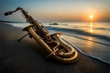 saxophone on the sand - obrazy, fototapety, plakaty