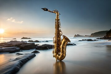 saxophone at beach - obrazy, fototapety, plakaty