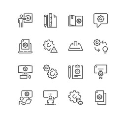 Set of engineering related icons, tech presentation, communication, machinery, idea, repair and linear variety symbols.
