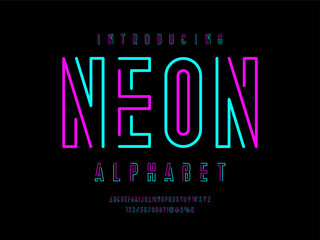 trendy neon style alphabet design with uppercase, numbers and symbols