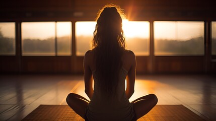 silhouette of a woman meditating in the morning for self healing, maintaining heart chakra posture to rapidly heal. best heart chakra yoga position. ai generative - obrazy, fototapety, plakaty