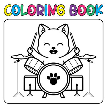 Vector cute dog playing drum for children's coloring page vector icon illustration