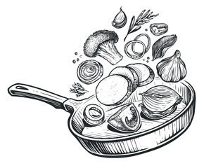 Fresh ingredients and frying pan. Food preparation sketch. Vegetables and spices. Cooking concept vector illustration - obrazy, fototapety, plakaty