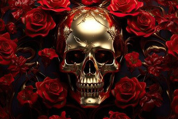 Gold Skull with red roses, organic horror, devil, death, giger, epic