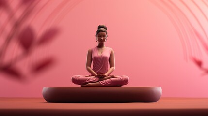 miniature beautiful woman meditating on pink background