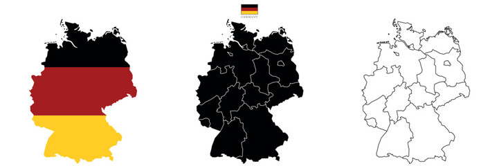 Three Germany map background with states. Germany map isolated on white background with flag. Vector illustration map europe