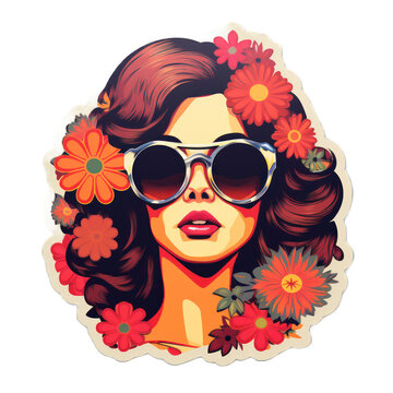 female energy flower power illustration sticker, woman surrounded by flowers 