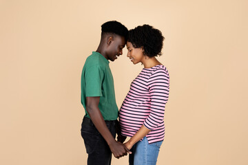 Glad young african american husband holding hands of pregnant wife with big belly in casual