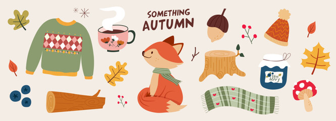 Autumn collection illustration. Banner, vector, fox, coffee, leaves, jumper, blueberry, nut, wood, scarf, mushroom and beanie
