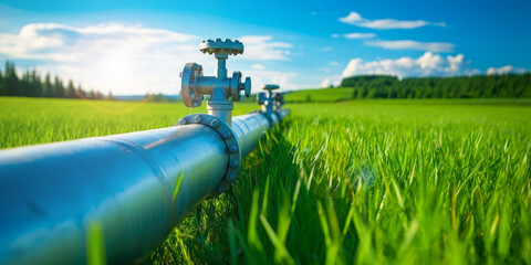 gas or oil transportation pipeline in the field with green grass. banner with copy space. generative AI