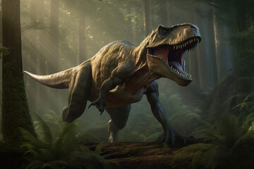 Photorealistic beautiful and scary dinosaurus T-rex.