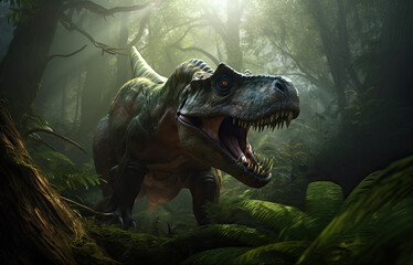 Photorealistic beautiful and scary dinosaurus T-rex.