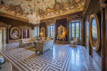 Stezzano, Italy - July 1, 2023: interior shot of the main room inside Villa Caroli Zanchi in Stezzano, Bergamo. No people are visible. - 619098768