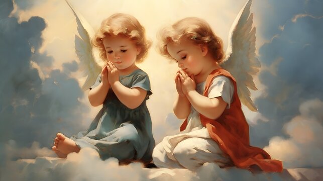 Cute Baby Angels in the clouds, christ, christianity, background design, religion, Generative AI