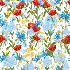 Trendy seamless textile botanical meadow flowers print. Airy floral natural summer pattern. Bright beautiful red poppies and meadow grasses and medium-sized flowers floral vector print