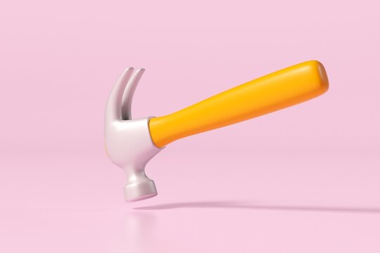3D isolated hammer illustration. On pink background. carpenter or builder icon in cartoon style Hand tools for home repairs. 3D illustration.