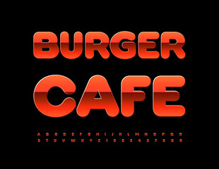 Vector bright logo Burger Cafe. Red shiny Font. Luxury Alphabet Letters and Numbers set