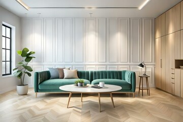 Fototapeta premium Modern, white minimalist interior with kitchen, sofa, wooden flooring, wall panels and marble kitchen island. 3d render mock up illustration. Modern living room.