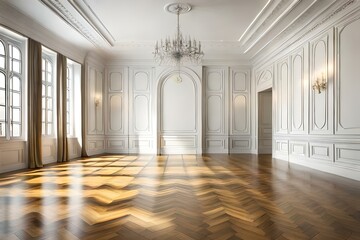 Classic white empty room with wooden floor mock up interior 3d rendering illustration