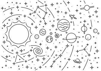 Solar system planets and sun vector educational illustration. 