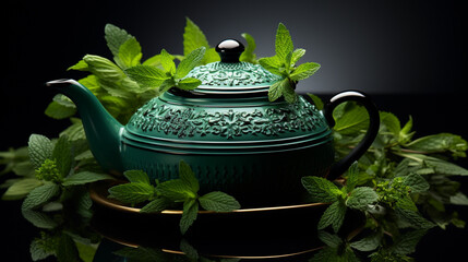 Obraz na płótnie Canvas Black iron asian teapot with sprigs of mint for tea. Generative Ai