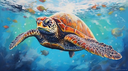 Obraz premium Sea turtle swimming in the ocean new quality universal colorful technology stock image illustration design, generative ai