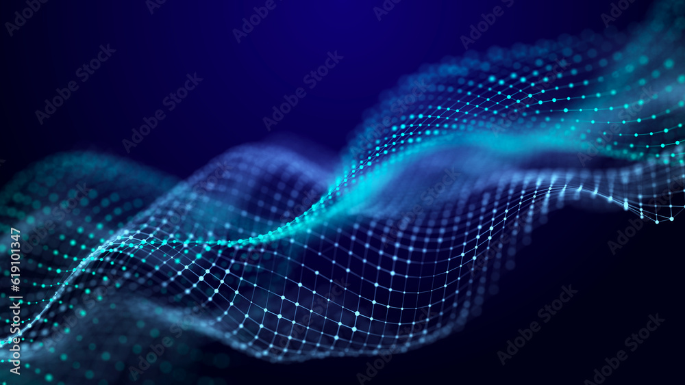 Aufkleber Big data visualization. The musical stream of sounds. Abstract background with interweaving of dots . 3D rendering.
