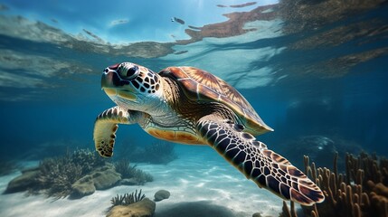 Fototapeta premium Sea turtle swimming in the ocean new quality universal colorful technology stock image illustration design, generative ai