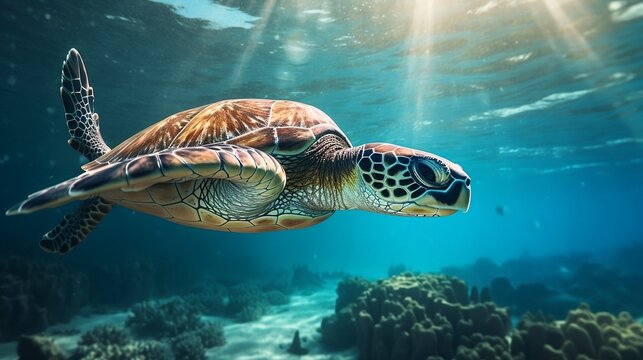 Sea turtle swimming in the ocean new quality universal colorful technology stock image illustration design, generative ai
