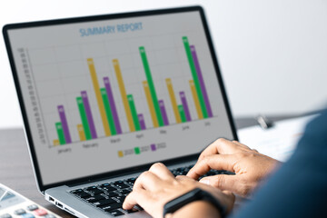 Business Data Analysis on Laptop: Financial Charts, Graphs, Reports for Successful Planning and Strategy. Professional Workplace: Analyzing Business Data, Charts, Graphs for Strategic Decision Making