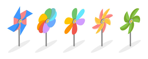 3D Isometric Flat Vector Set of Pinwheels, Summer Ventilator Toys