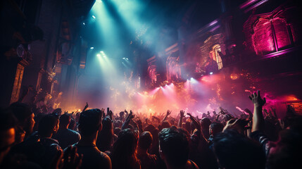 Fototapeta na wymiar Dj night club party rave with crowd in music festive. Generative Ai
