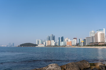 Busan haeundae beach wave of sea for Korean relax in spring South Korea