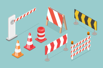 3D Isometric Flat Vector Set of Traffic Road Barriers , Roadblocks and Barricades
