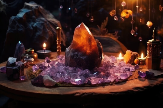 Beautiful esoteric and mystical altar for meditation with crystals and semi-precious stones, Zen Temple. Generative AI.