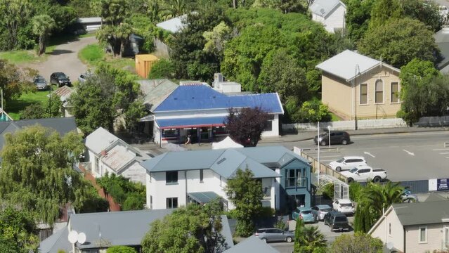 Aerial: Seaside town of Akaroa, Canterbury, New Zealand